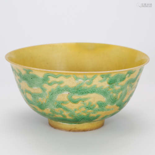 CHINESE YELLOW GROUND GREEN DRAGON BOWL