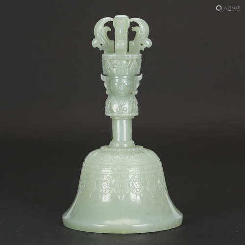 CHINESE CELADON JADE CARVED VAJRA BELL