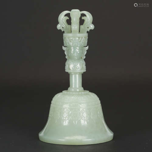 CHINESE CELADON JADE CARVED VAJRA BELL