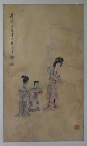 CHINESE SCROLL PAINTING OF BEUTY WITH KIDS