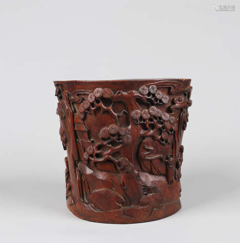 CHINESE AGALWOOD FIGURE IN MOUNTAIN BRUSH POT