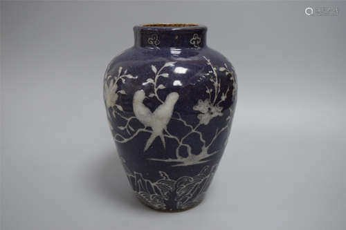 CHINESE PORCELAIN BLUE GLAZE WHITE PAINTED BIRD AND FLOWER JAR