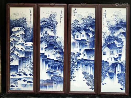 FOUR BLUE AND WHITE PLAUQES, WANG BU