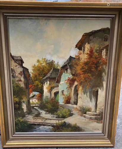 AN OIL PAINTING OF STREE VIEW, FRAMED