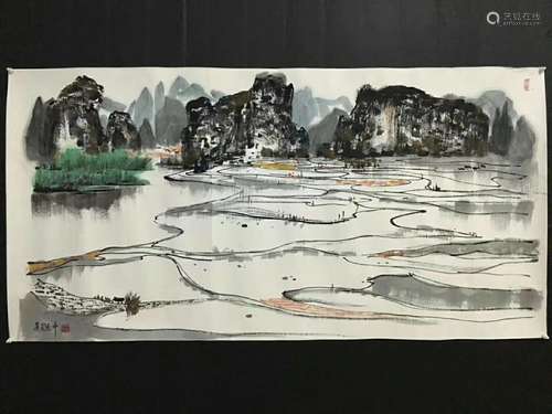 A CHINESE SCROLL PAINTING OF LANDSCAPE