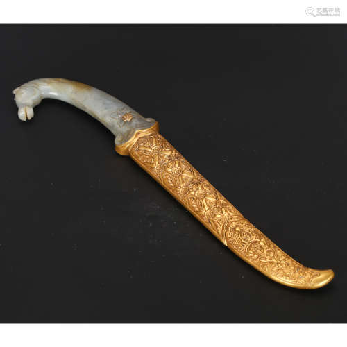 CHINESE GILT BRONZE DAGGER WITH JADE HANDLE
