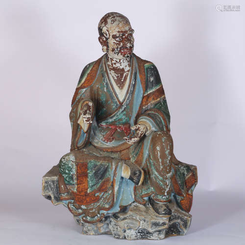 CHINESE POLYCHROME WOODEN FIGURE OF LOHAN