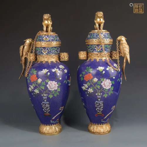 A PAIR OF CLOISONNE ENAMEL VASES AND COVERS