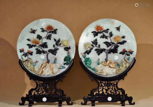 PAIR OF FORAL DECORATED WHITE JADE SCREENS