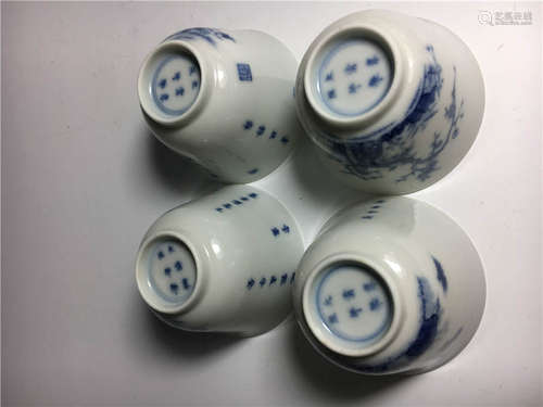 Chinese Qing Style,Four Blue and White Flower Cups