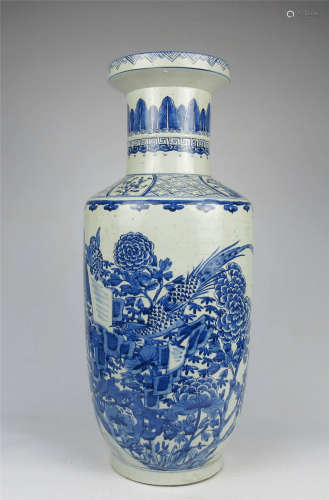 China,Blue And White Rouleau Vase With Blooms and Birds