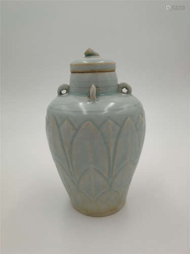 Chinese Shadow Celadon Glazed Vase with Cover