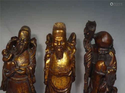 China,Wood Gilt Bronzed Figure Set of Fu,Lv, Shou