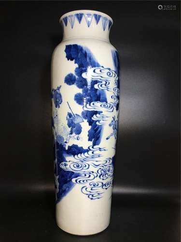 China, Blue And White Sleeve Vase With Figures