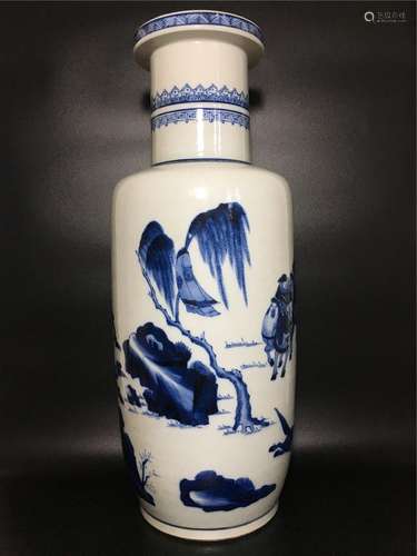 China, Blue And White Rouleau Vase