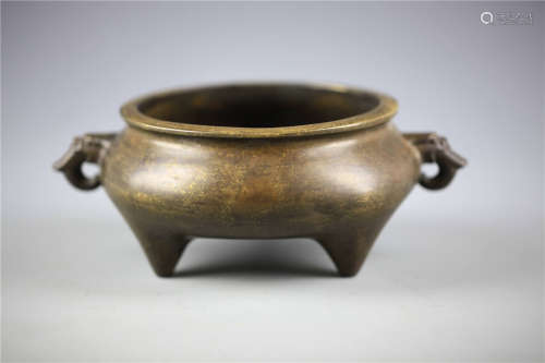 China, Bronze Gilt-splashed Tripod Censer, Xuande Mark