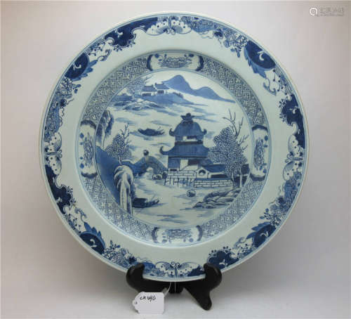 China,Blue And White Mountains And Pavilions Plate
