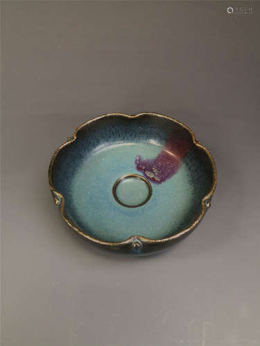 China, Jun Ware, Black Splashed Bowl Of Lobed Form With A Puple Spot