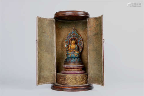 Chinese Gilt Buddha in a wooden Tube