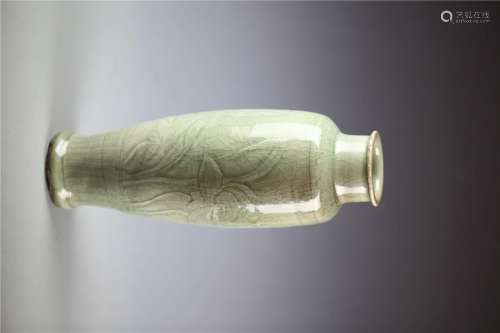 China, Longquan Ware, Celadon-glazed Rouleau Vase Carved Lotus