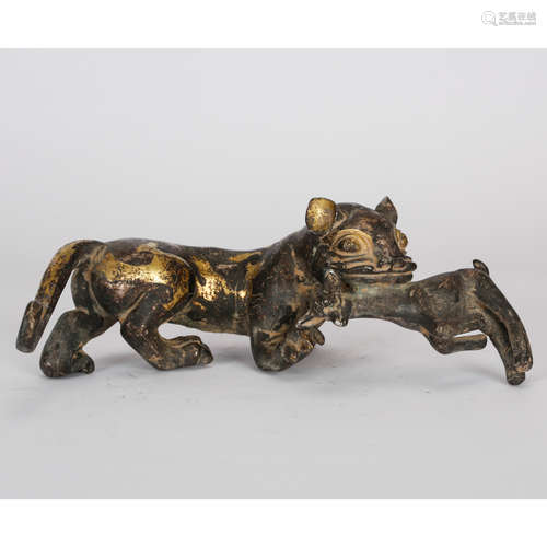 CHINESE GILT AND SILVER OVER BRONZE BEAST