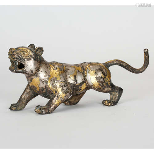 CHINESE GILT AND SILVER OVER BRONZE BEAST