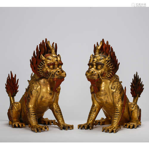 CHINESE PAIR OF GILT COPPER QILIN