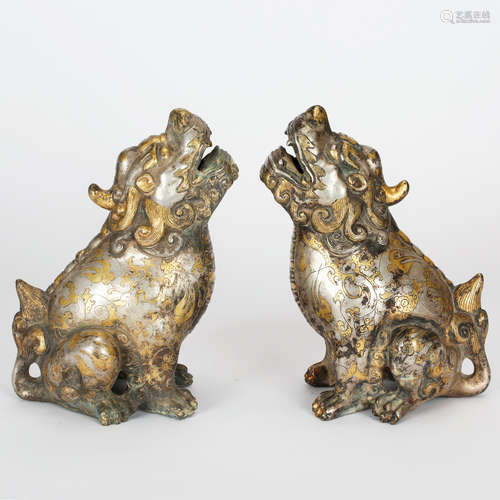 CHINESE GILT AND SILVER OVER BRONZE BEAST