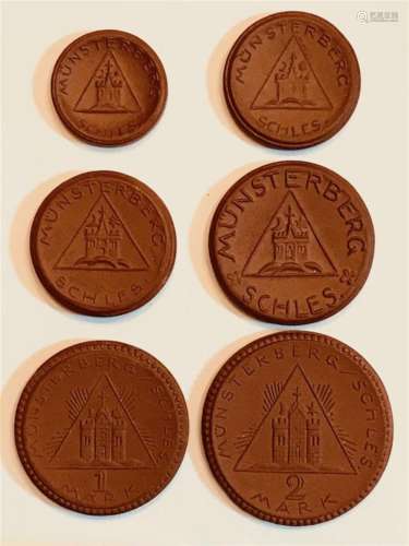 Six (6) German Notgeld Poreclain Coins
