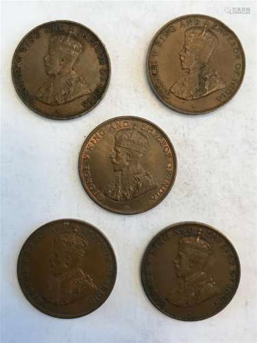 1931 to 1934 Five (5) Hong Kong One Cent Copper