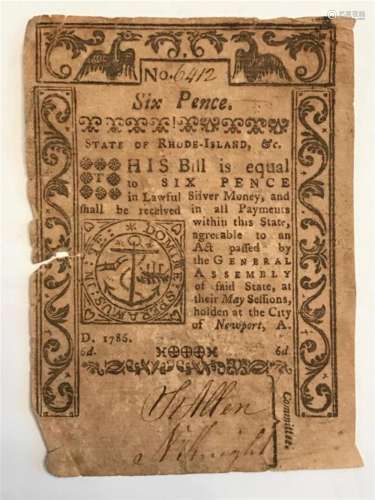 1785 Continental Lottery Six Pence Note