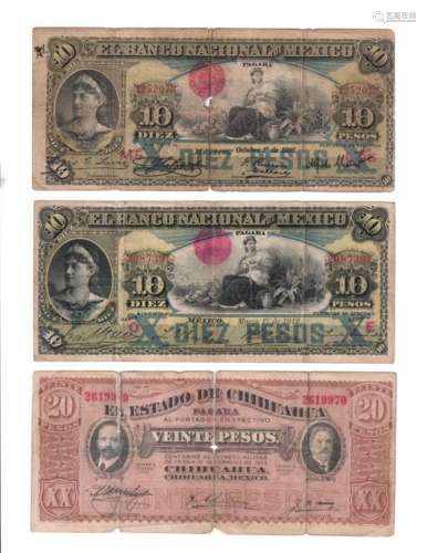 (3) Banknotes, Mexico, Early 1900's