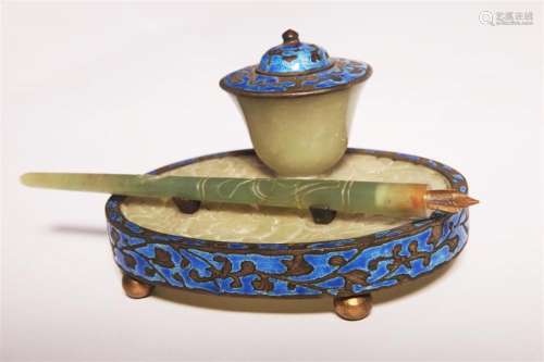 Antique Carved jade and Enamel inkwell with pen