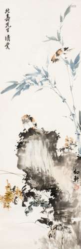 SHAO YOUXUAN (1915-2009), SPARROWS, BAMBOO, ROCK AND CHRYSANTHEMUMS