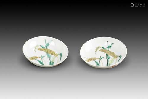 A PAIR OF FAMILLE ROSE DISHES， QING DYNASTY