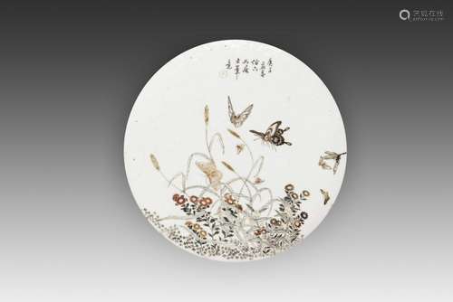 A PORCELAIN 'FLOWER AND BUTTERFLY' PLAQUE , QING DYANSTY, GUANGXU PERIOD