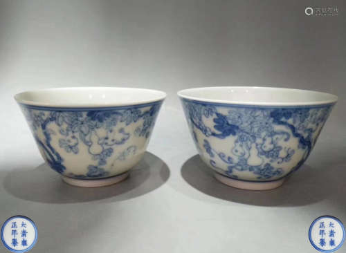 PAIR BLUE AND WHITE GOURD PATTERN CUPS