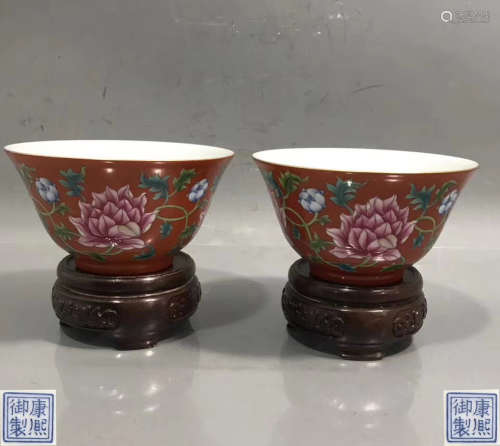 PAIR ENAMELED FLORAL PATTERN TEA BOWLS