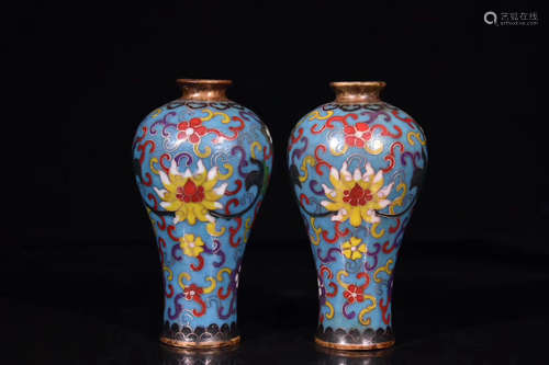 PAIR CLOISONNE ENAMELED BOTTLE VASES