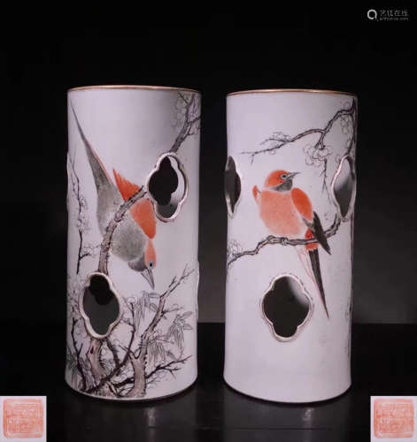 PAIR QIANJIANG BIRD AND FLORAL PATTERN VASES