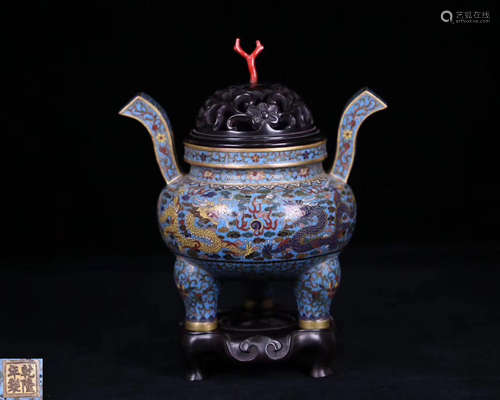 A CLOISONNE DRAGON PATTERN TRIPOD CENSER