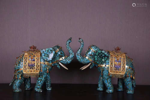 PAIR TURQUOISE STONE ELEPHANT FIGURES