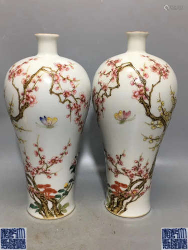 PAIR FAMILLE-ROSE BIRD AND FLORAL MEI VASES