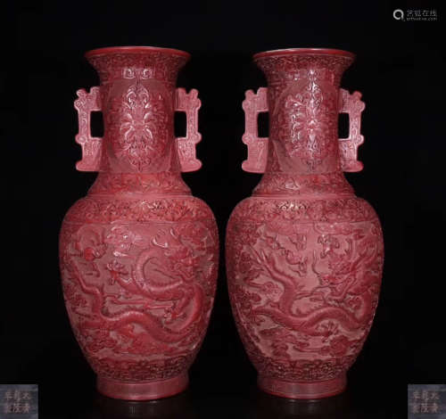 PAIR OF TIHONG LACQUER VASES WITH DRAGON DESIGN