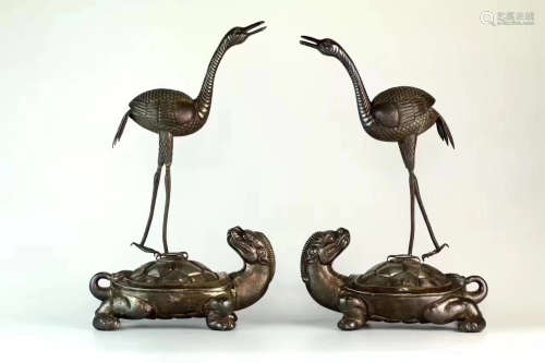 PAIR SILVER MOLDED TURTLE AND CRANE SHAPED DECORATION