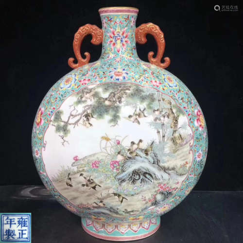 A FAMILLE-ROSE BIRD AND FLORAL MOON-FLASK VASE