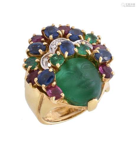 A multi gem set Maschera ring by Trovato, the carved green stone face within a surround of oval