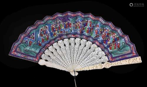 ϒ A Chinese export Applied Faces or Mandarin fan, Canton mid 19th century, the ivory guards deeply