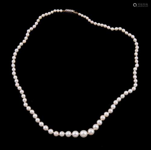 A cultured pearl single strand necklace, composed of graduating 3mm to 7mm cultured pearls, on a