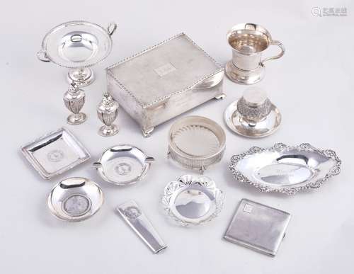 A collection of silver items, including: a twin handled small tazza by S. W. Smith & Co., Birmingham